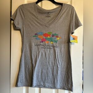 Gray Huntington Beach California Women's V-Neck Tee